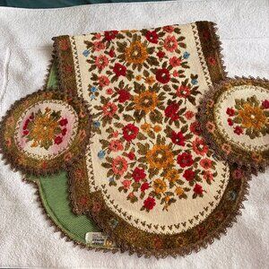 Mid century floral needlepoint table runner made in Belgium gold bric-a-brac